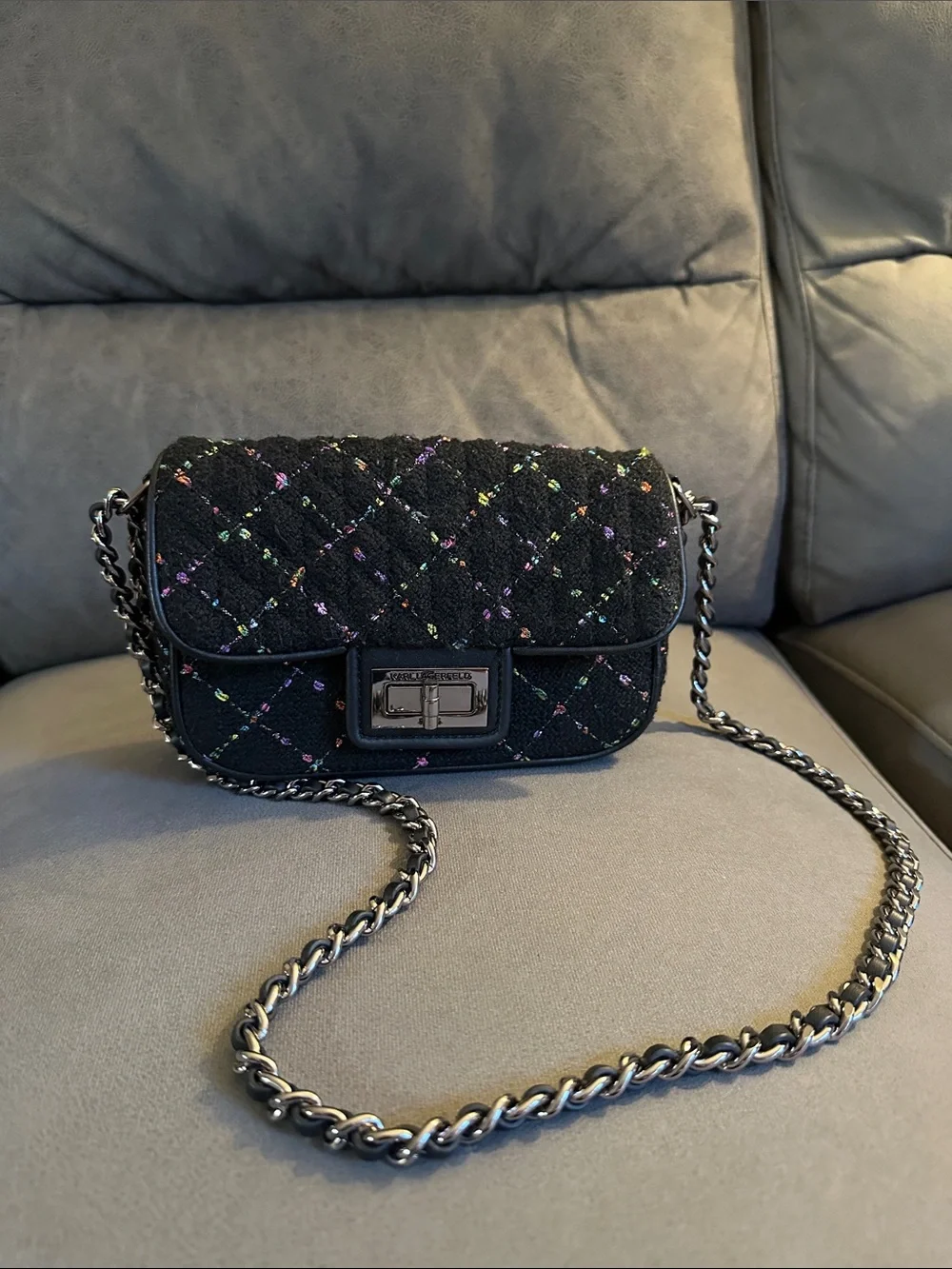 Karl Lageferd Black Chain Shoulder Bag with Multicolor Stitching